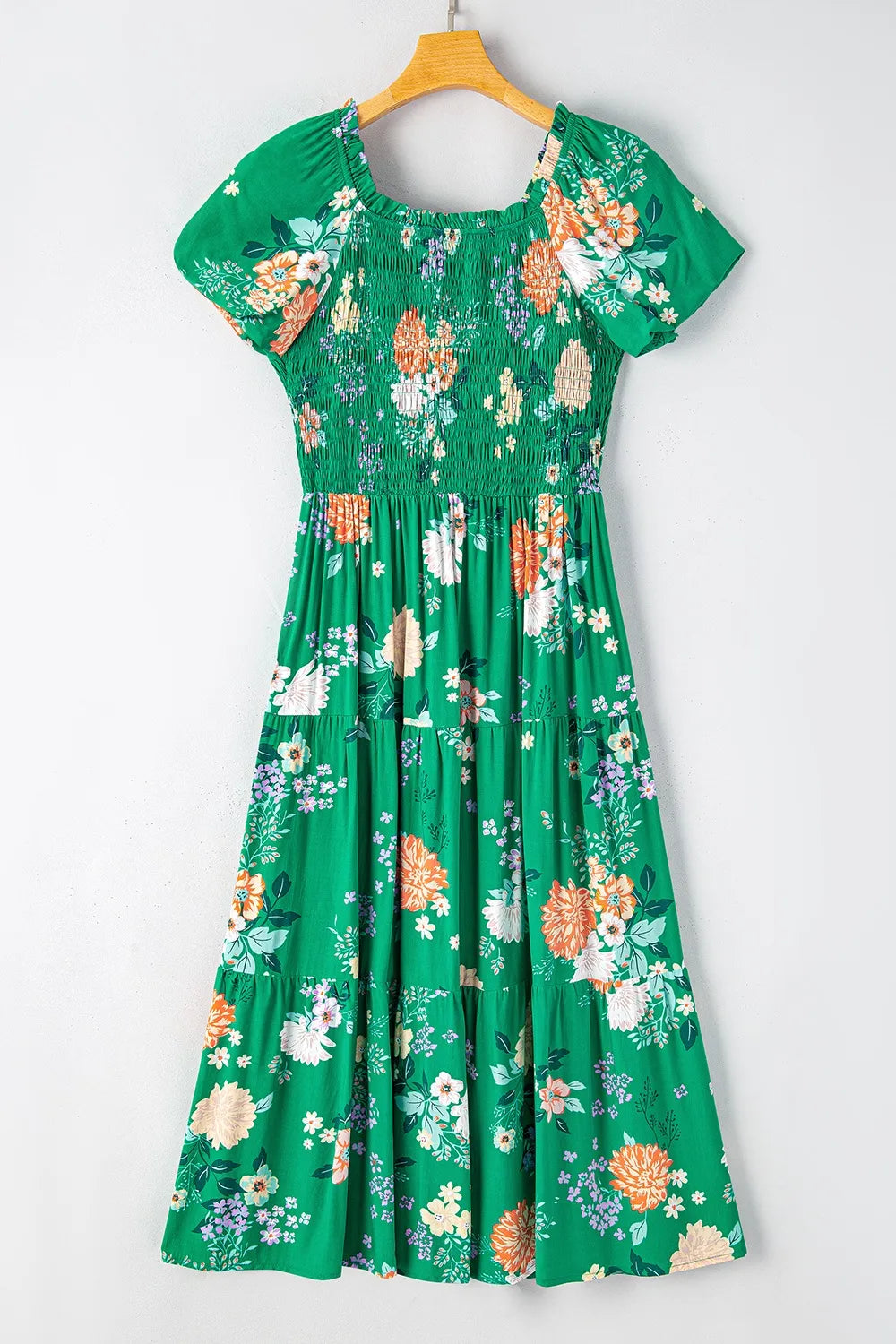 Floral smocked midi dress by Marigold Collections Australia, styled on or off the shoulder