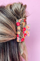 Red Floral Print Clear Plastic Square Hair Claw Clip