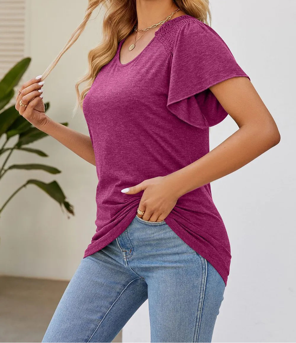 Marigold Collections Australia smocked shoulder flutter sleeve top with flowy fabric and feminine design, shown on a white background.