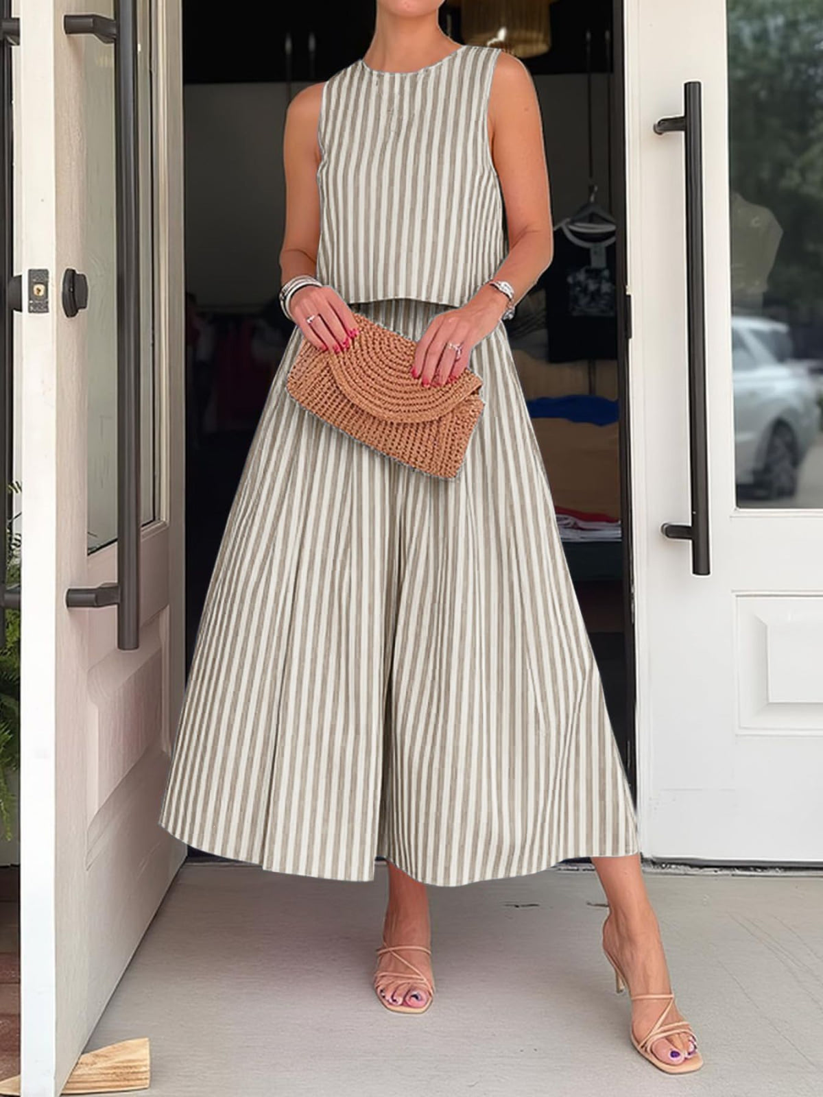 Striped sleeveless top and midi skirt set by Marigold Collections Australia, featuring stylish matching outfit with bold stripes.