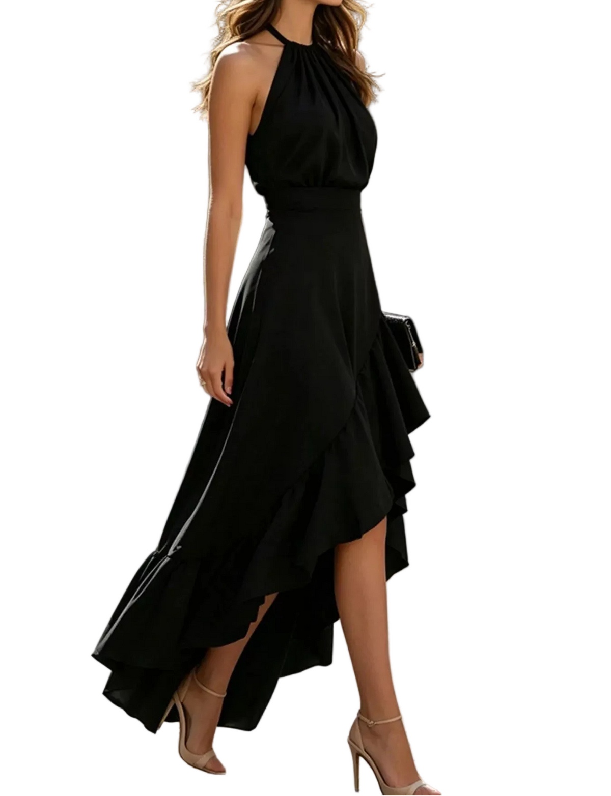 Halter Neck Ruffled High-Low Maxi Dress