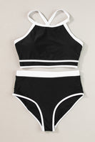 Black Contrast Trim Crisscross Back High Waisted Bikini