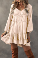 Apricot Tiered Ruffled Puff Sleeve Loose Fit Mini Dress