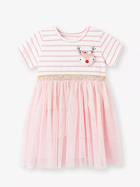 Girls' striped tulle dress with reindeer applique by Marigold Kids, featuring colorful layers and festive holiday design.