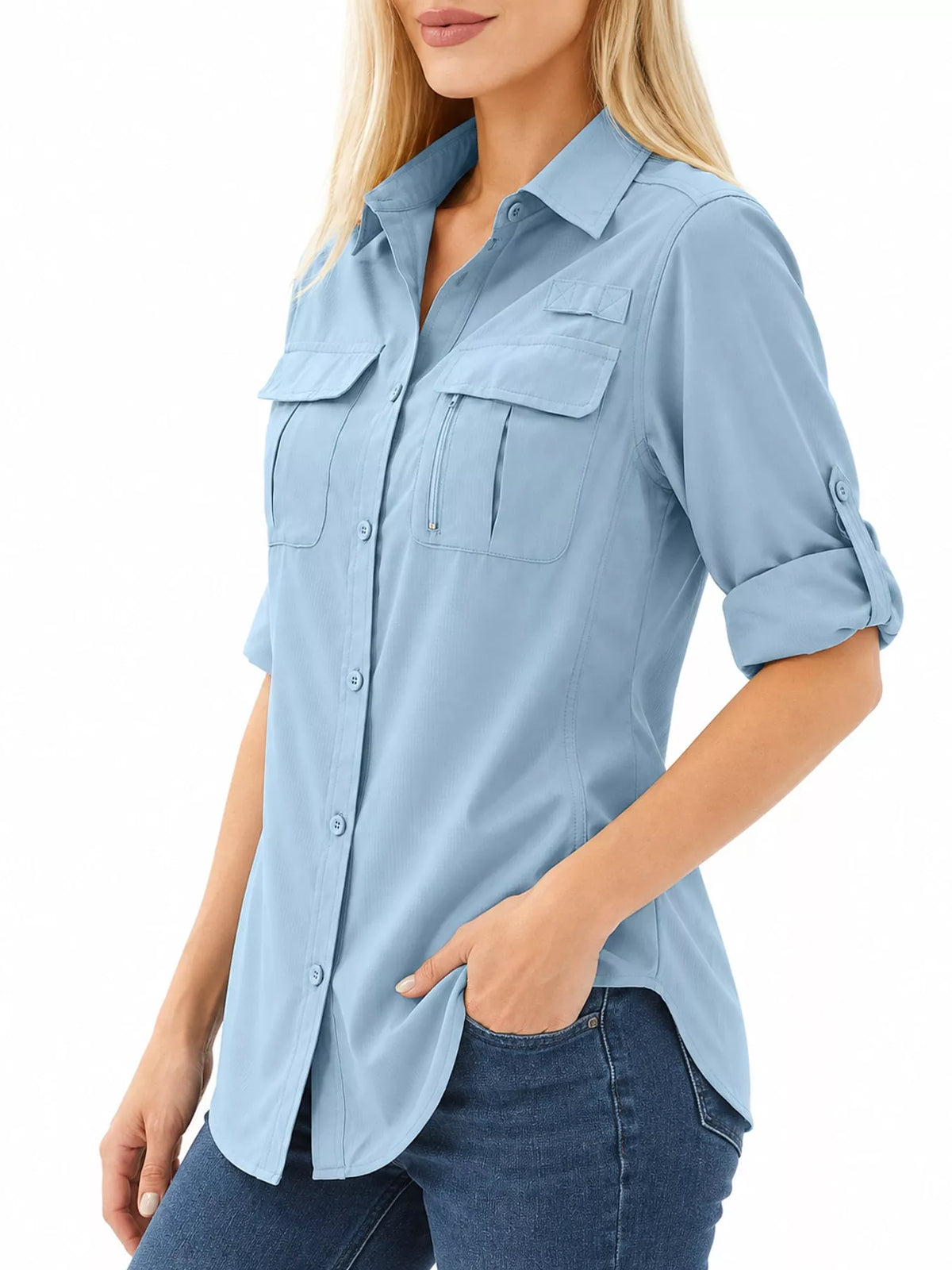 Marigold Collections Australia button-down safari shirt with roll-up sleeves, lightweight tops blouse in neutral color, casual style