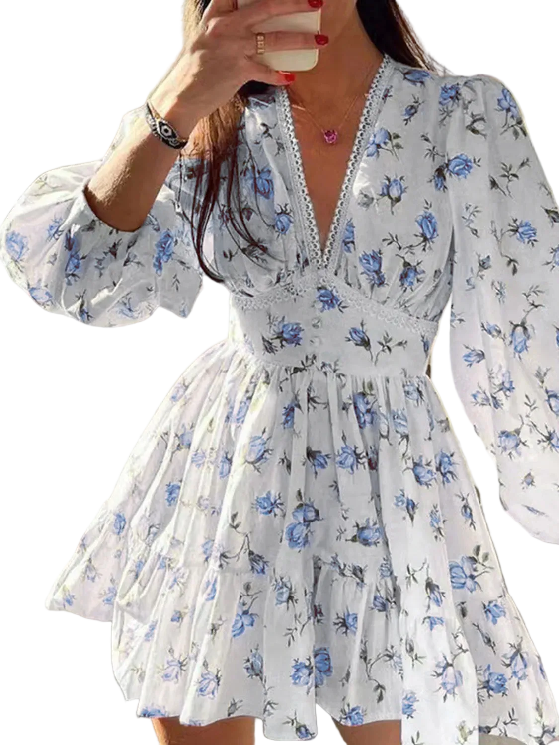 Floral Print Deep V-Neck Balloon Sleeve Mini Dress
