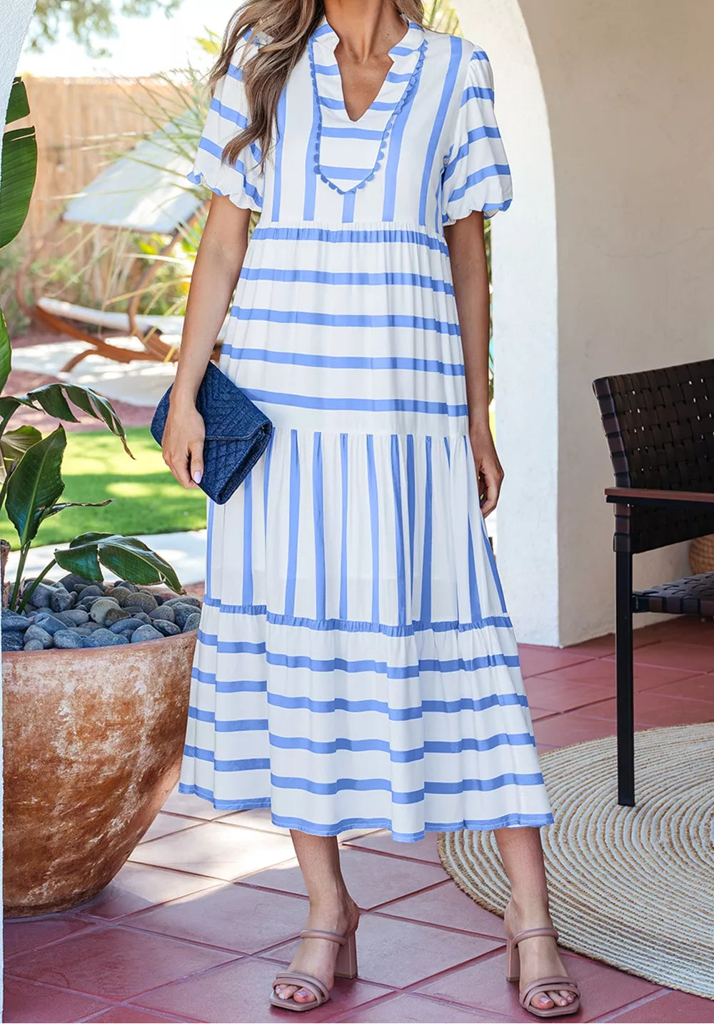 Blue Stripe Notched Neck Midi Dress