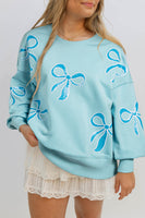 Beau Blue Sequined Bowknot Drop Shoulder Oversized Sweatshirt