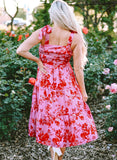 Pink Tie Shoulder Straps Tiered Floral Dress