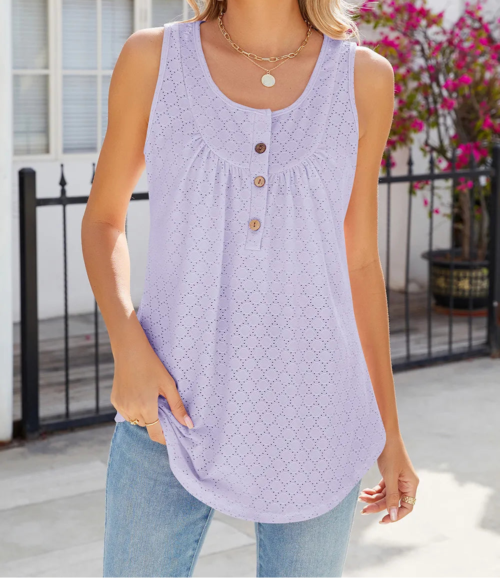 Marigold Collections Australia eyelet buttoned round neck tank top with sleeveless design and stylish button details.