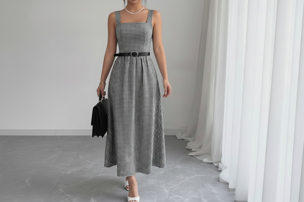 Black Square Neck Gingham Midi Dress
