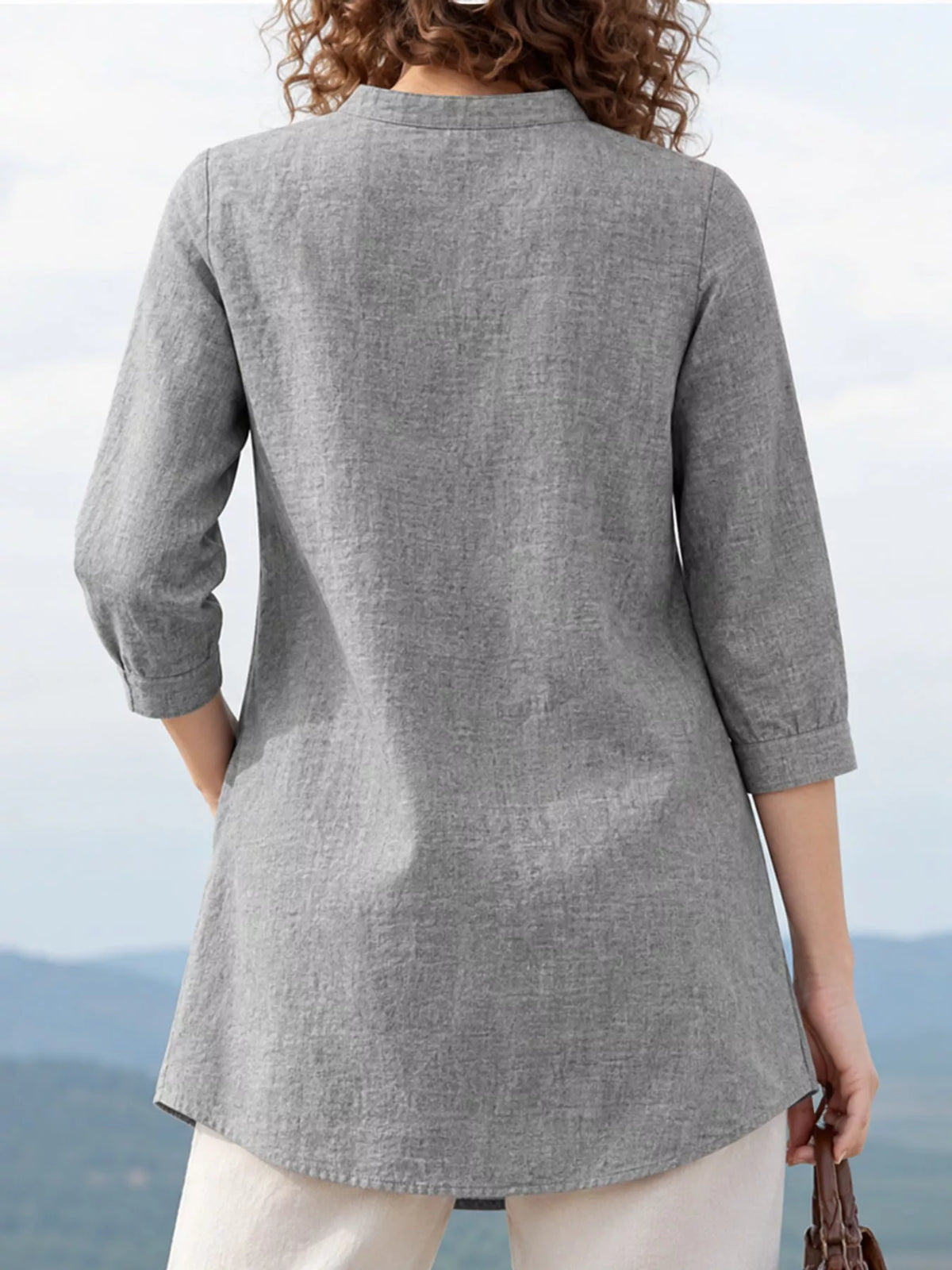 Marigold Collections Australia half button pocketed 3/4 sleeve blouse, stylish tops with front pocket and relaxed fit.