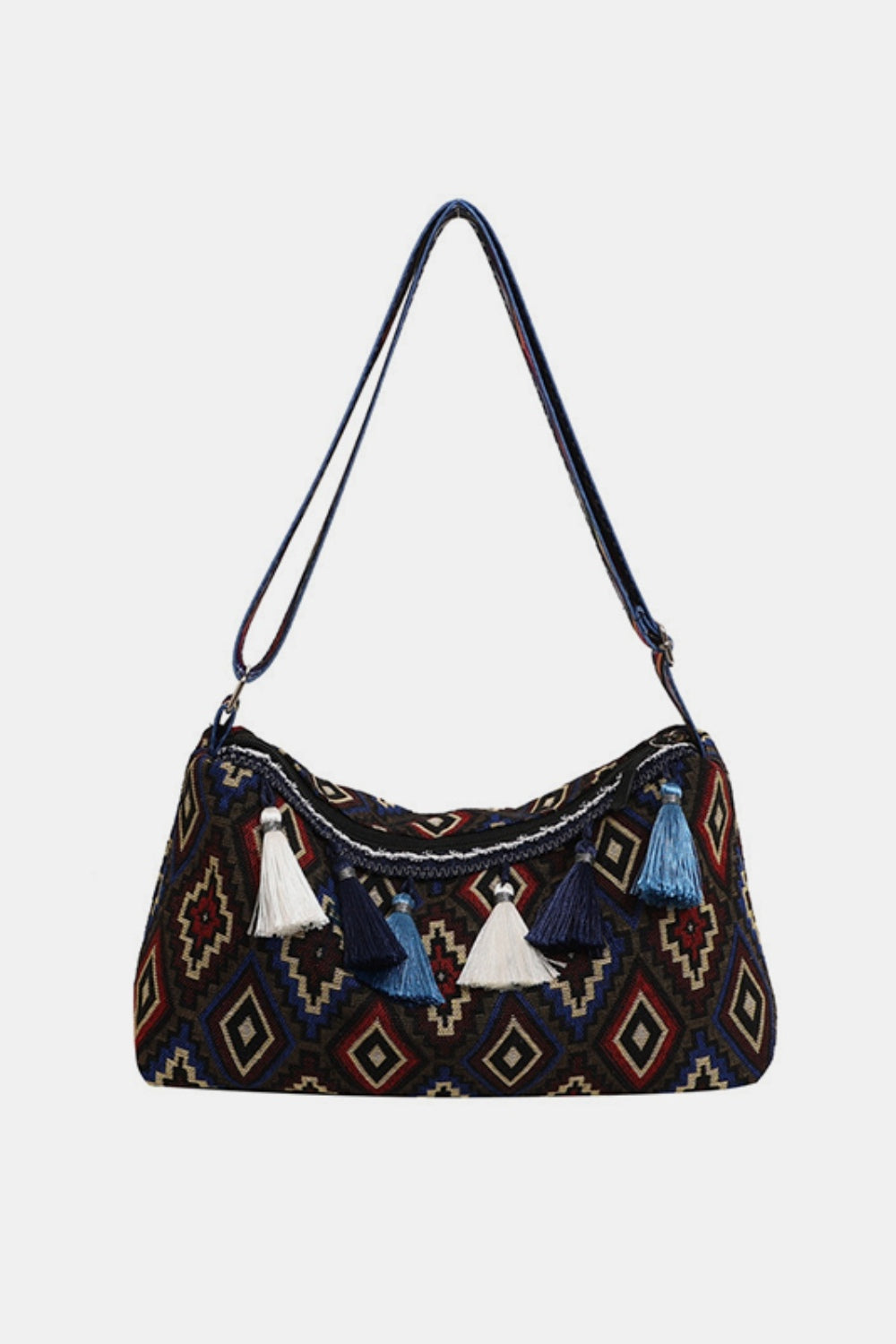 Geometric-Design Tassel Adjustable-Strap Shoulder Bag