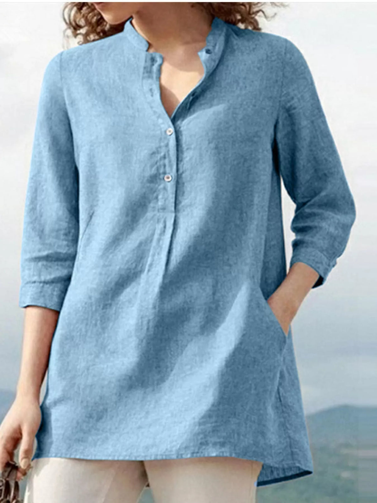 Marigold Collections Australia half button pocketed 3/4 sleeve blouse, lightweight top with collar and chest pocket, stylish and casual.