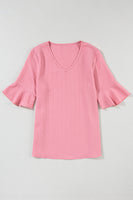 Peach Blossom Ruffled Half Sleeve V Neck Textured Top