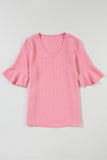 Peach Blossom Ruffled Half Sleeve V Neck Textured Top