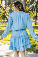 Light Blue V Neck Long Sleeve Ruffle Tiered Mini Dress