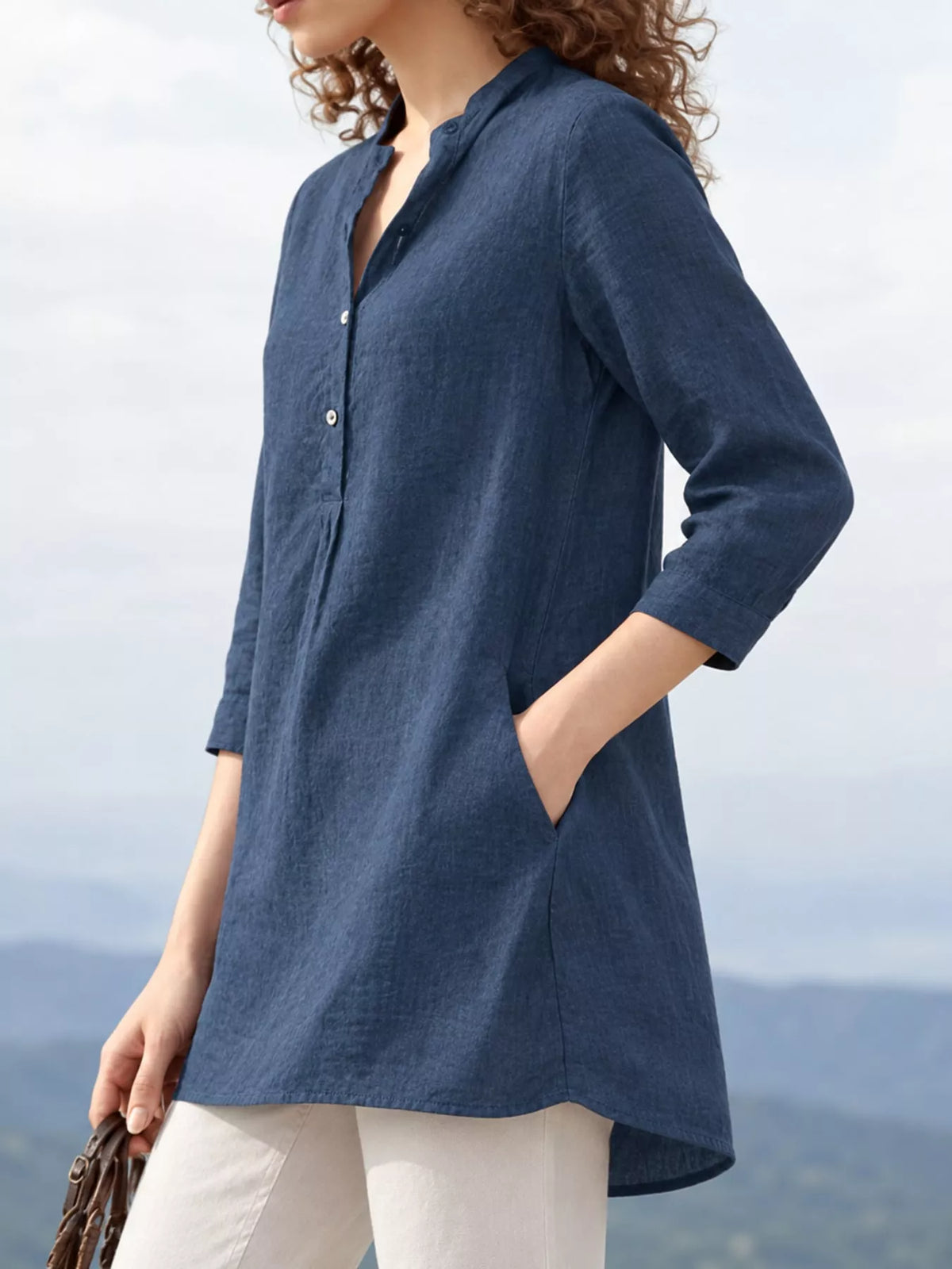 Marigold Collections Australia half button pocketed 3/4 sleeve blouse, lightweight tops with front pocket detail and relaxed fit.