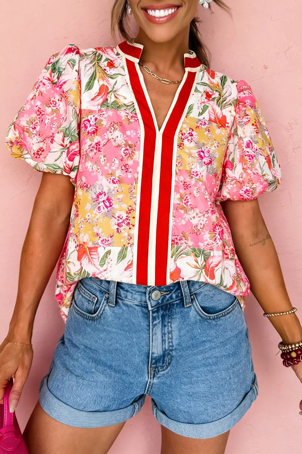 Marigold Collections Australia floral blouse with contrast collar, V-neck, short sleeves, and feminine design.