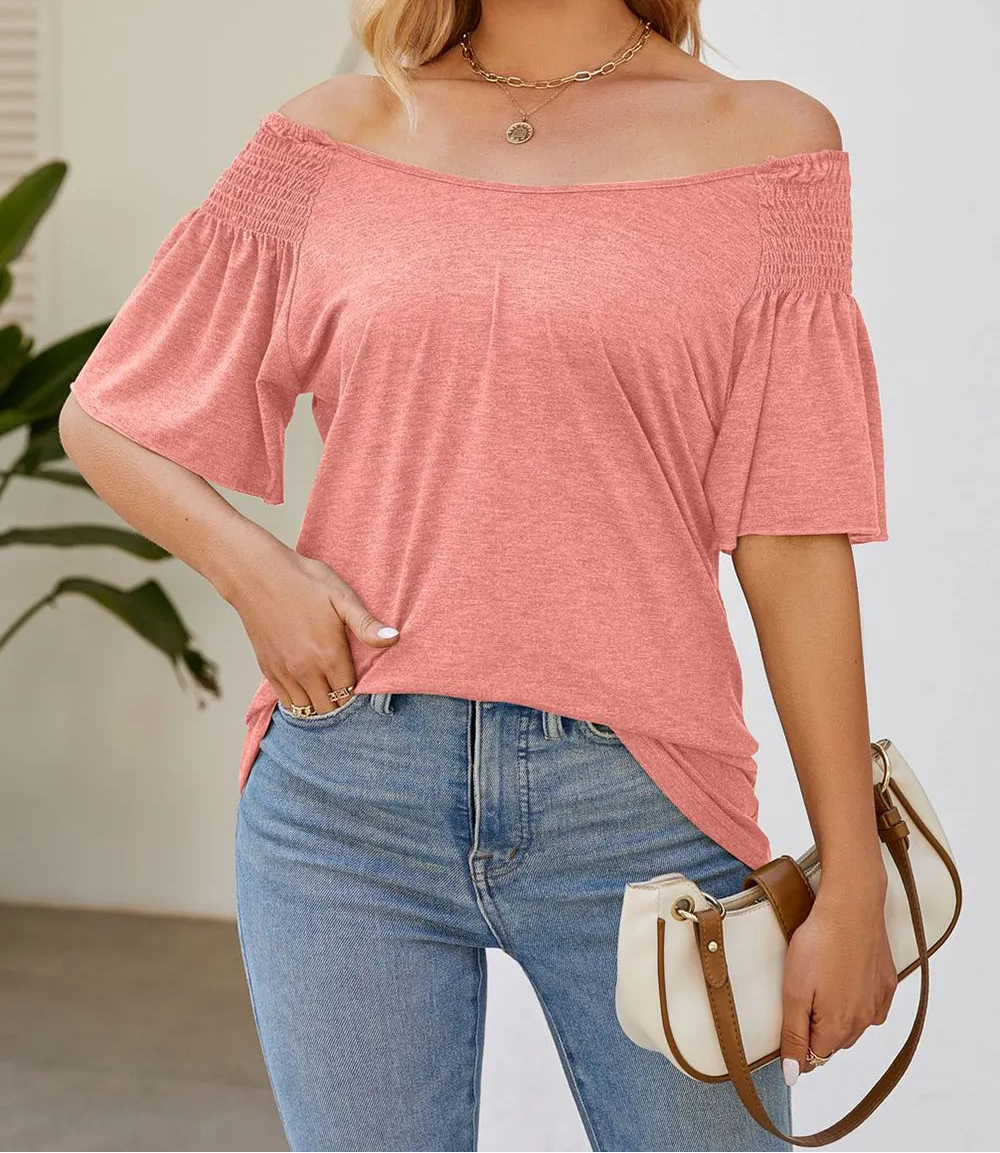 Marigold Collections Australia smocked shoulder flutter sleeve top, lightweight blouse with feminine ruffle details and relaxed fit.
