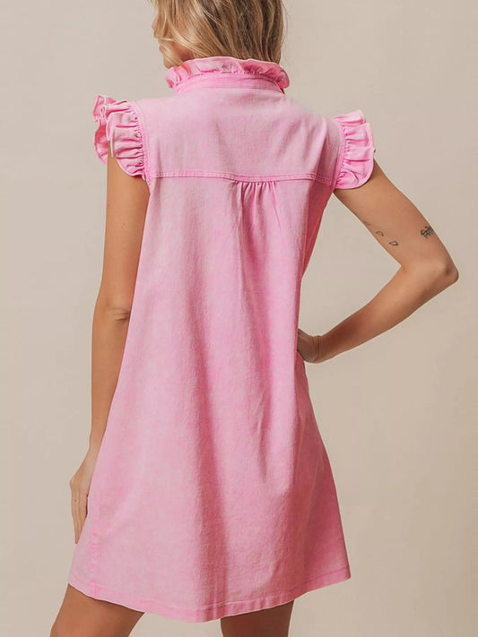 Marigold Collections Australia ruffled trim button-down denim dress hanging on a wooden hanger with front view.