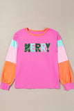 Rose Red Chenille MERRY Christmas Patched Colorblock Long Sleeve Top