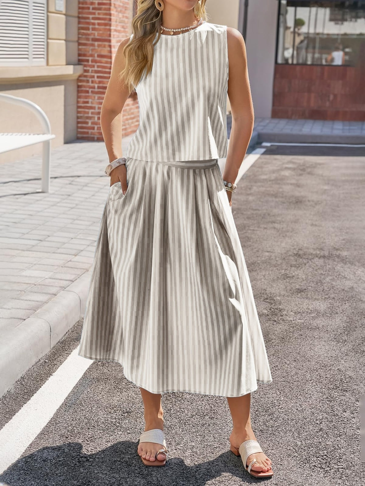 Striped sleeveless top and midi skirt set from Marigold Collections Australia, stylish and perfect for warm weather.
