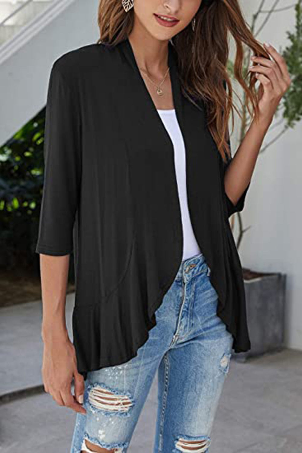 Open front half sleeve cardigan from Marigold Collections Australia, soft knit sweater with a relaxed fit and lightweight design.