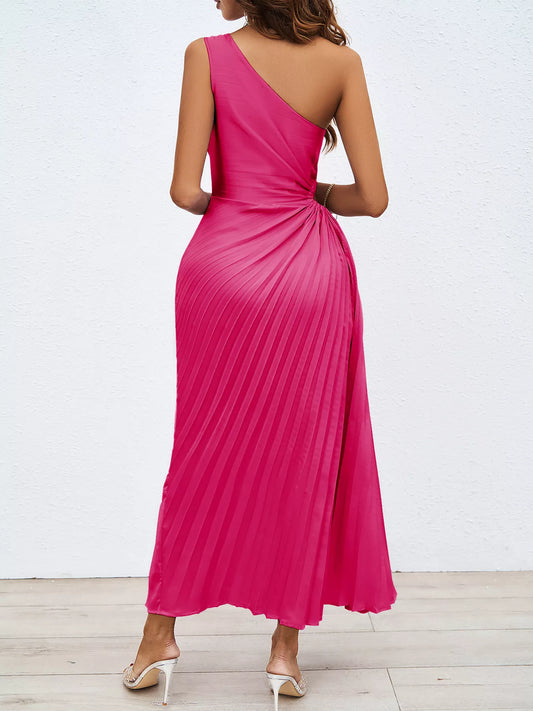 Marigold Collections Australia one-shoulder cutout pleated midi dress, elegant formal evening dress with stylish design and pleated fabric.