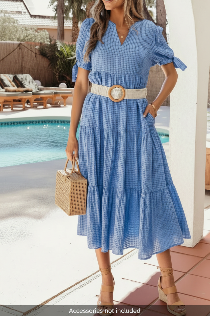 Blue Short Sleeve Tiered Midi Dress