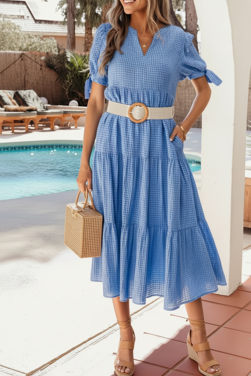 Blue Short Sleeve Tiered Midi Dress