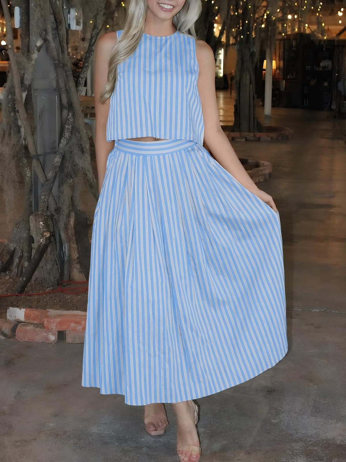 Striped sleeveless top and midi skirt set by Marigold Collections Australia, casual summer outfit featuring bright, breathable fabric.