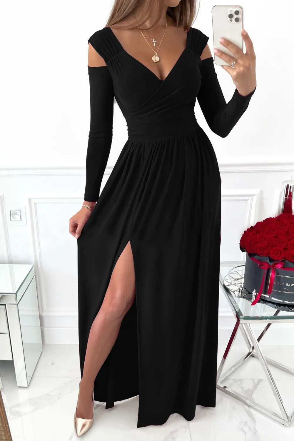 Marigold Collections Australia surplice cold shoulder maxi dress with long sleeves and a hem slit, elegant evening dress for formal occasions