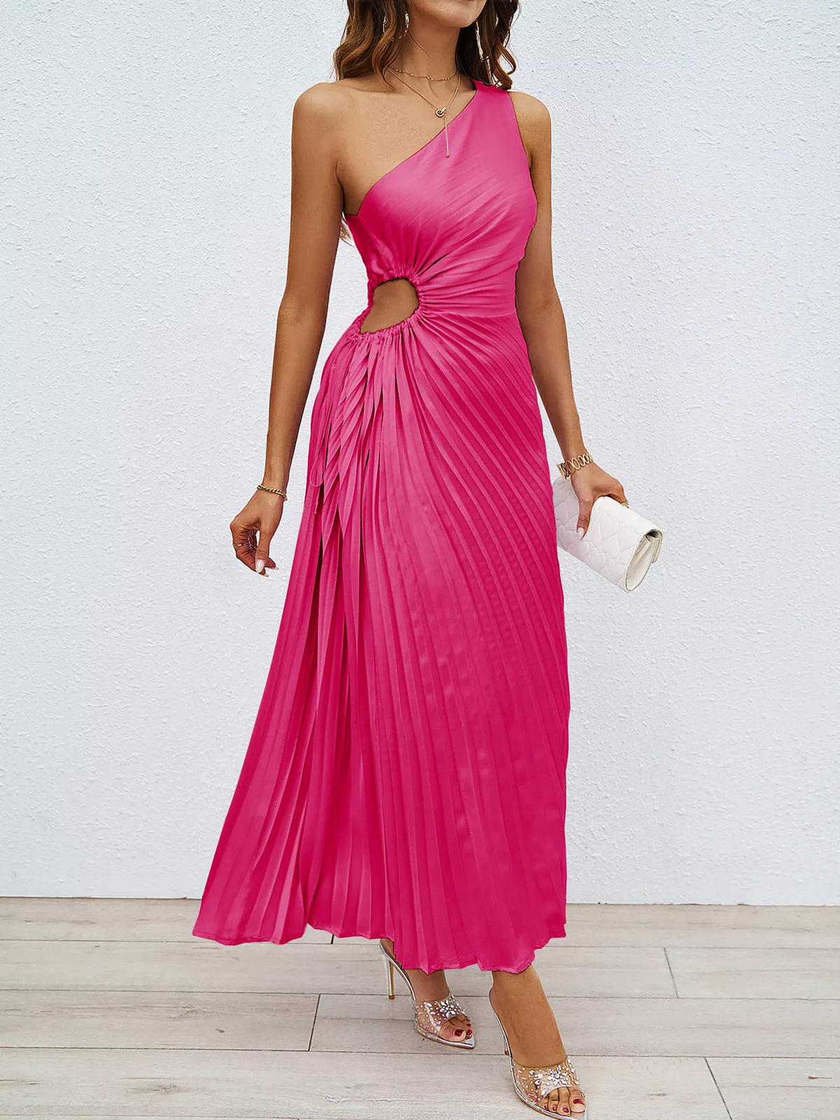 Marigold Collections Australia one-shoulder cutout pleated midi dress for formal and evening occasions, featuring a stylish silhouette.