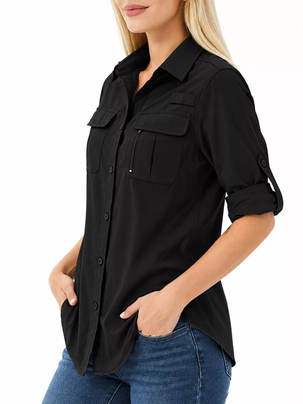 Marigold Collections Australia button-down safari shirt with roll-up sleeves, lightweight cotton, khaki color, casual outdoor top.
