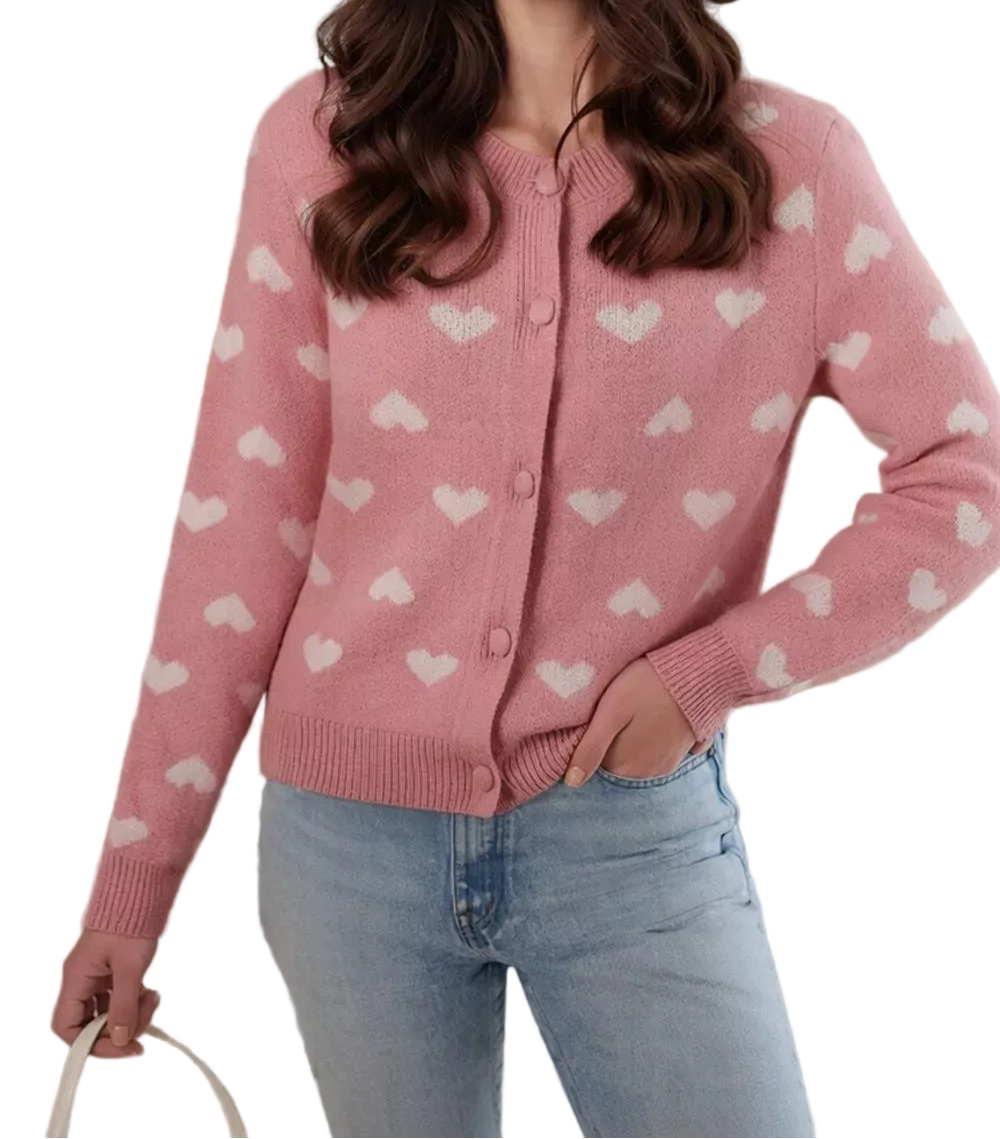 Button Down Heart Pattern Cardigan-Dusty Pink