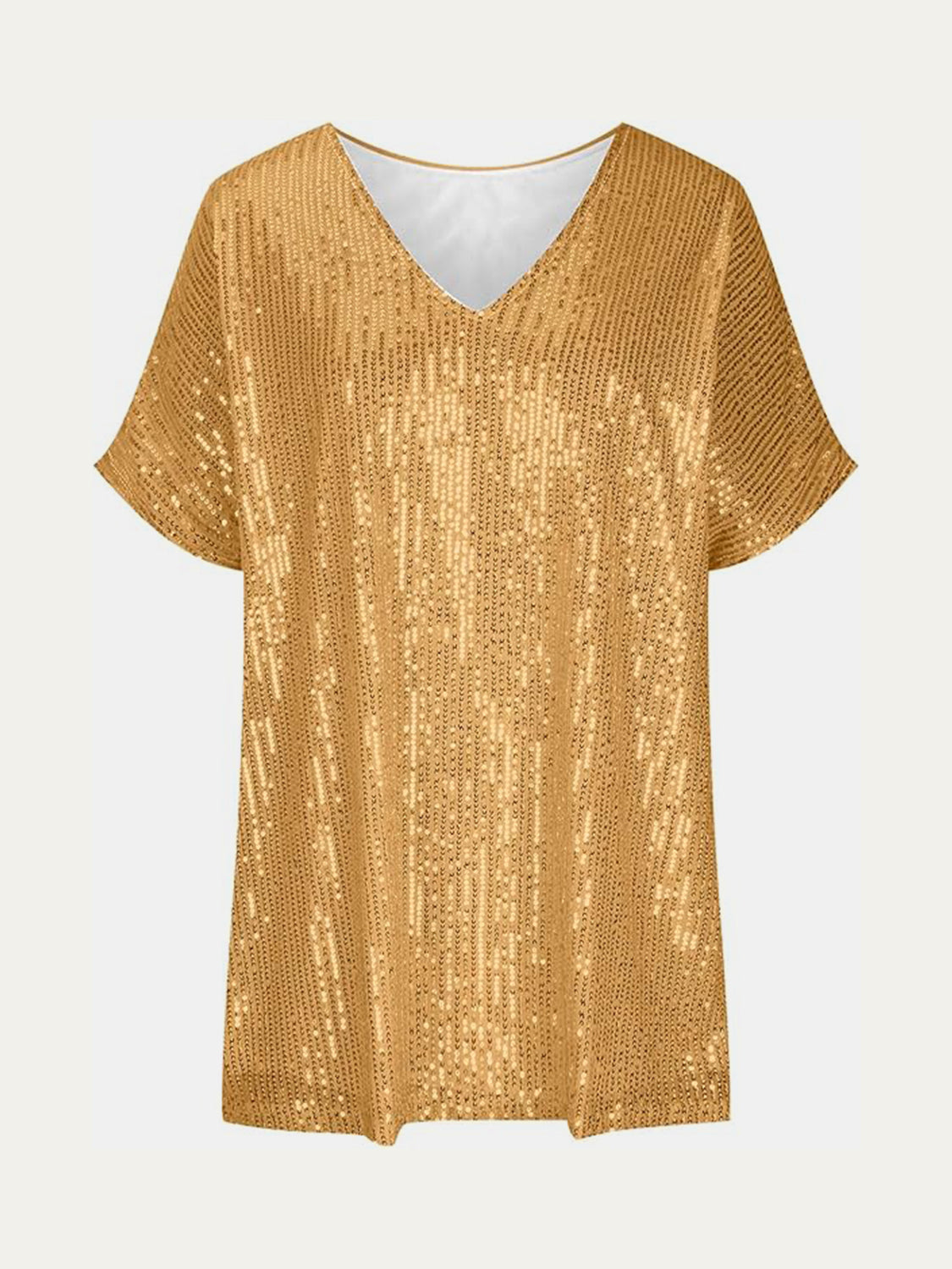 Full Size Sequin V-Neck Short Sleeve Top - MARIGOLD 