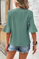 Grass Green Ruffled Half Sleeve V Neck Textured Top