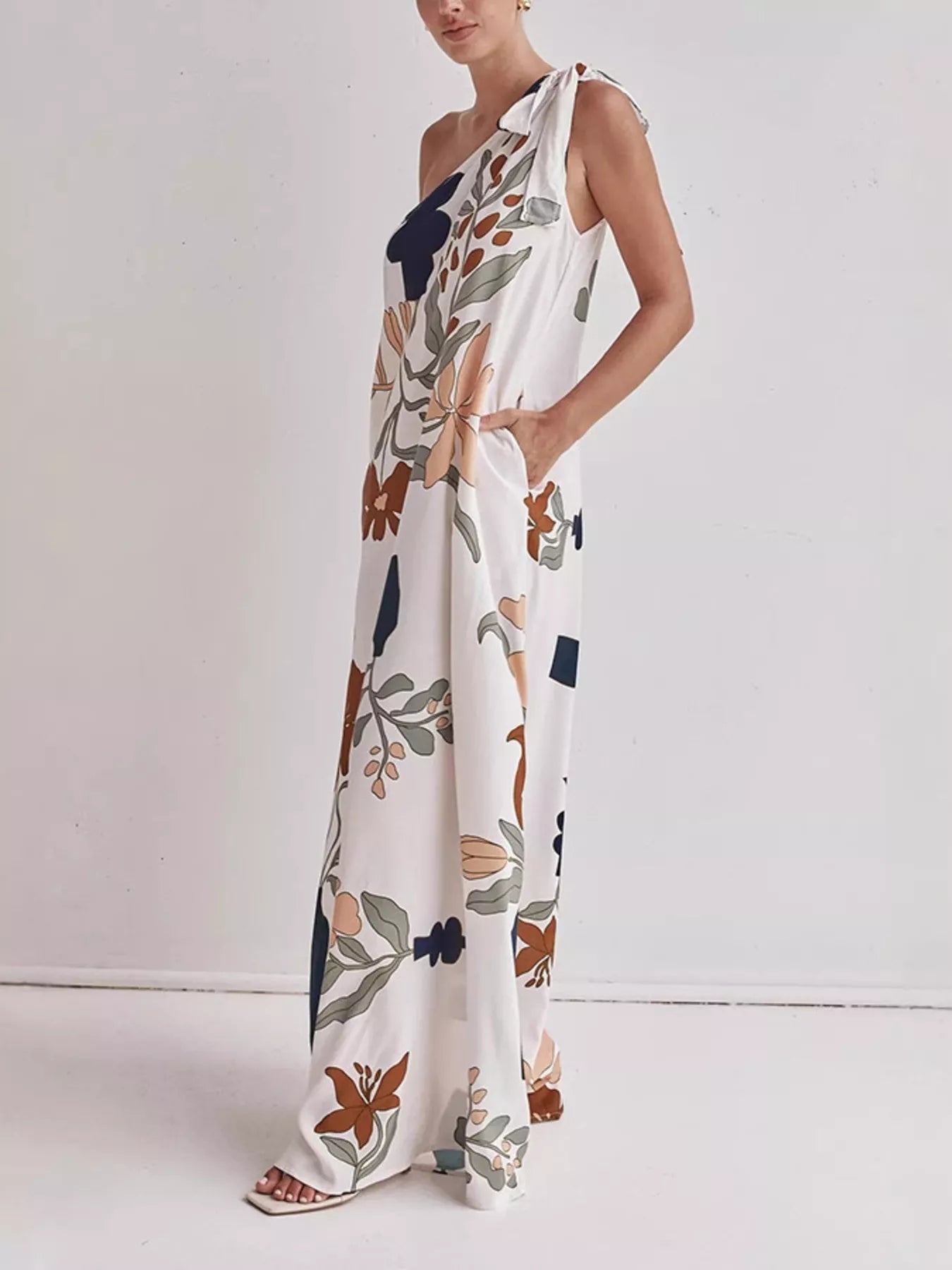 Modern floral print one-shoulder maxi dress for tall women by Marigold Collections Australia, featuring a stylish and elegant design.