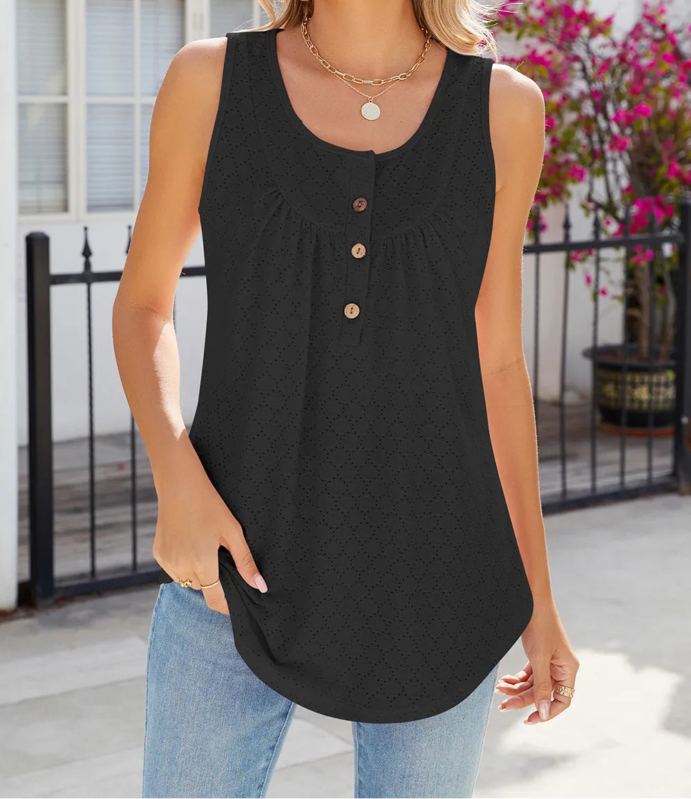 Marigold Collections Australia eyelet buttoned round neck tank top with sleeveless design and casual style.
