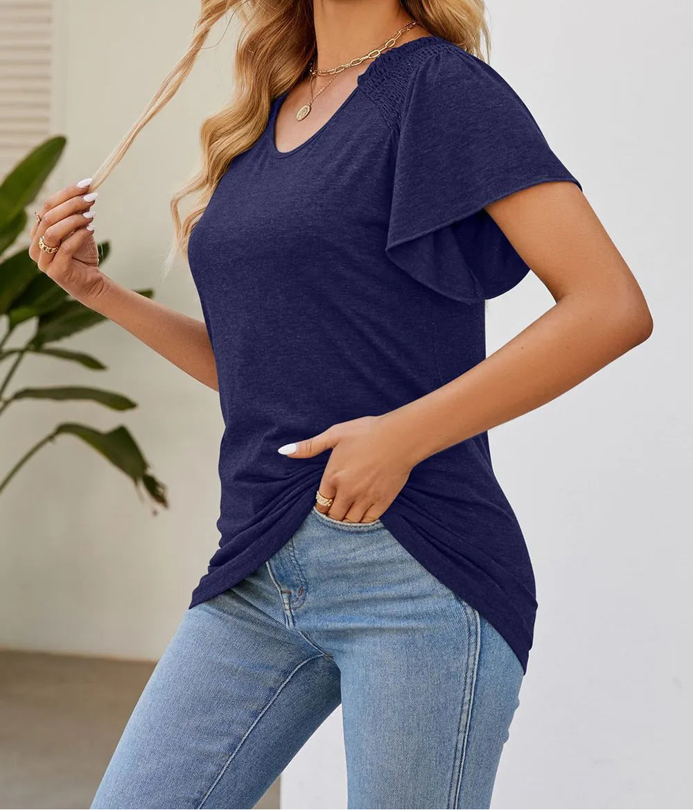 Marigold Collections Australia smocked shoulder flutter sleeve top with airy fabric and feminine design, ideal for casual or stylish wear.