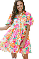 Pink Floral Puff Sleeve Collar Buttoned Babydoll Dress