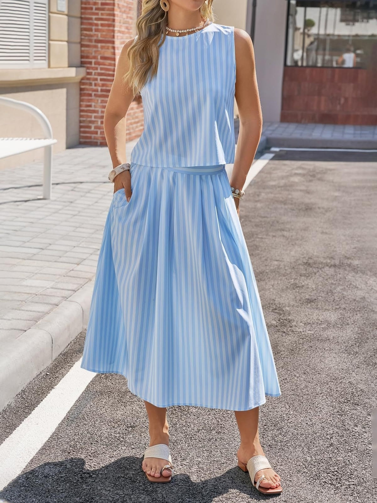 Striped sleeveless top and midi skirt set by Marigold Collections Australia, stylish casual outfit for warm weather.