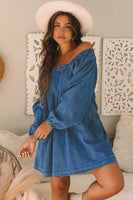 Dusk Blue Square Neck Side Pockets Loose Fit Denim Mini Dress