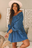 Dusk Blue Square Neck Side Pockets Loose Fit Denim Mini Dress