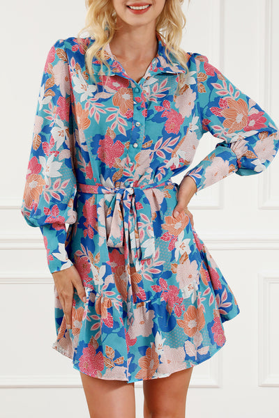 Blue Floral Print Lantern Sleeve Belted Shirt Dress