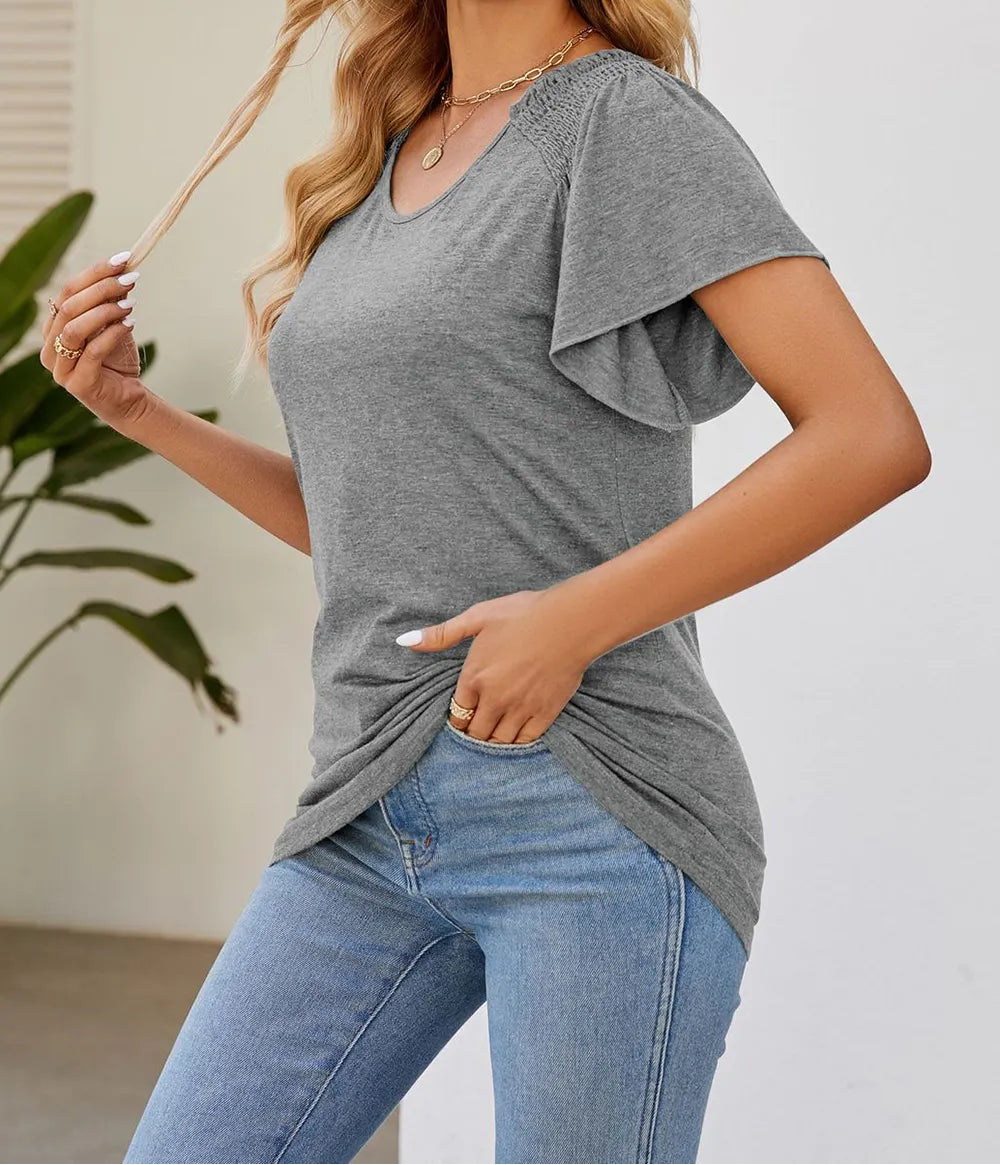 Marigold Collections Australia smocked shoulder flutter sleeve top in soft fabric, featuring feminine ruffle sleeves and a relaxed fit.