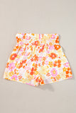 Orange Boho Floral Shirred High Waist Casual Shorts