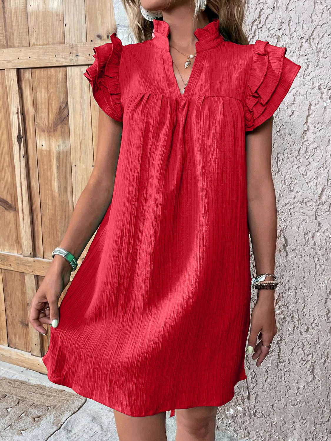 Notched Neckline Mini Dress with Ruffled Cap Sleeves