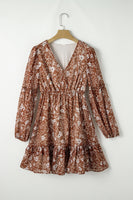 Brown Boho Floral Ruffled Puff Sleeve V Neck Mini Dress